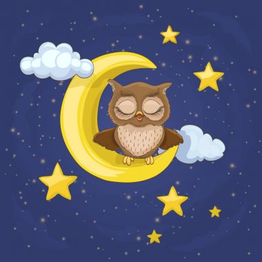 bulutlar ve gece yıldız, yawnin ile bir ay oturan Kukumav