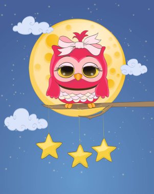 pembe sevimli baykuş, moon, askı yıldız, gece gökyüzü bulutlu. cartoo