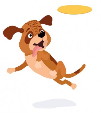 Sarı Plastik disk ile oynayan karikatür köpek. vektör illustratio