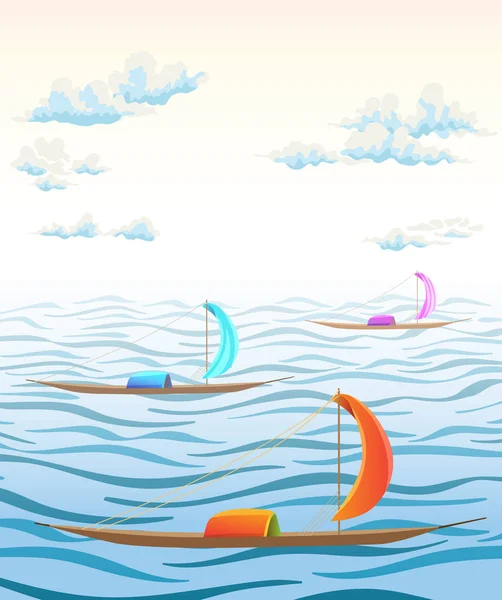 Paisaje con olas marinas, nubes y barcos antiguos. illus vectorial — Archivo Imágenes Vectoriales