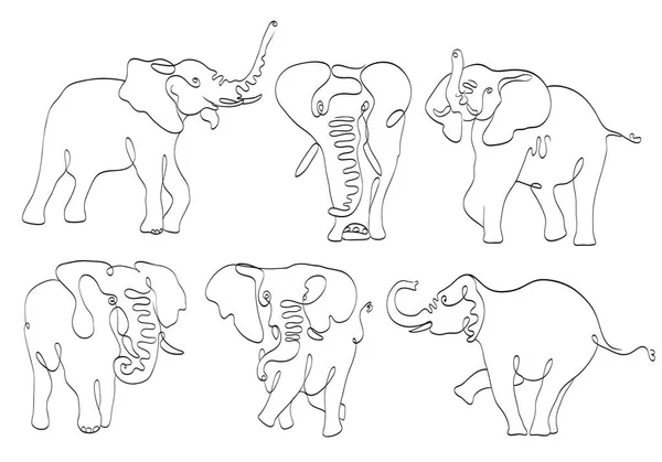 Conjunto de elefantes linha de arte em branco. estilizado desenho à mão de — Vetor de Stock
