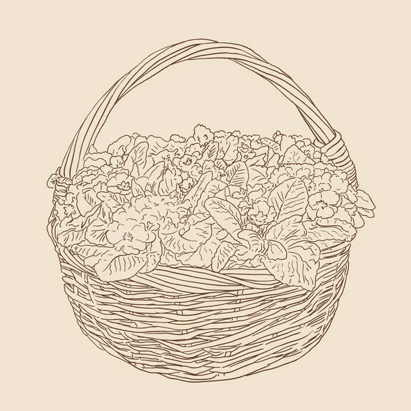 Ψάθινο καλάθι με σχέδιο λουλούδια σε καφέ φόντο. διάνυσμα il — Διανυσματικό Αρχείο