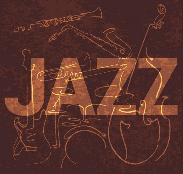 Jazzové hudební nástroje rukou kreslených čar složení na hnědé g — Stockový vektor