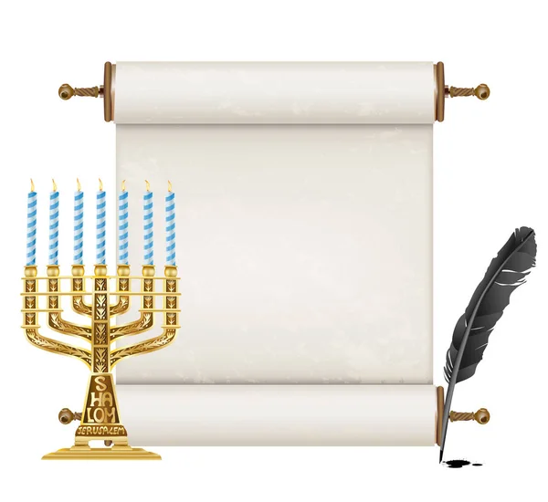 Piuma nera, menorah dorato e antico rotolo ebraico su bianco — Vettoriale Stock