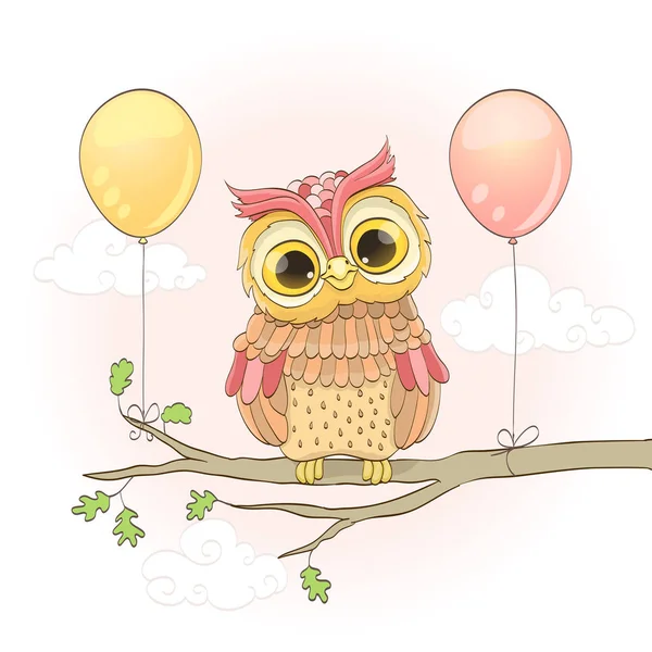 Cute owl on a branch and balloons over pink sky with clouds. car — Stock Vector