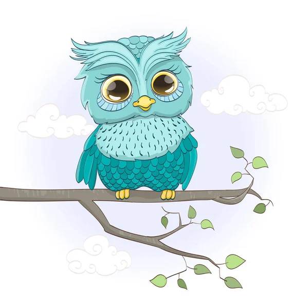 Cartoon baby uil op een tak zitten. vectorillustratie — Stockvector