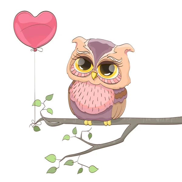 Süße Eule und Herzballon. Zeichentrickvektorillustration — Stockvektor