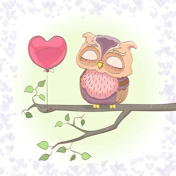 Chouette mignonne rêvant sur une branche et un ballon de coeur. vecteur de dessin animé — Image vectorielle