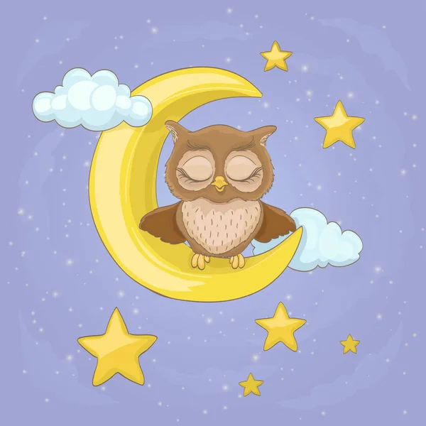 Little owl sitting on a moon with clouds and night stars, with c — Stock Vector