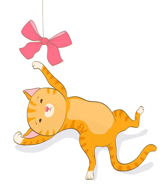 Cute cartoon cat playing with bow. red tabby kitten. vector illu — Stock Vector