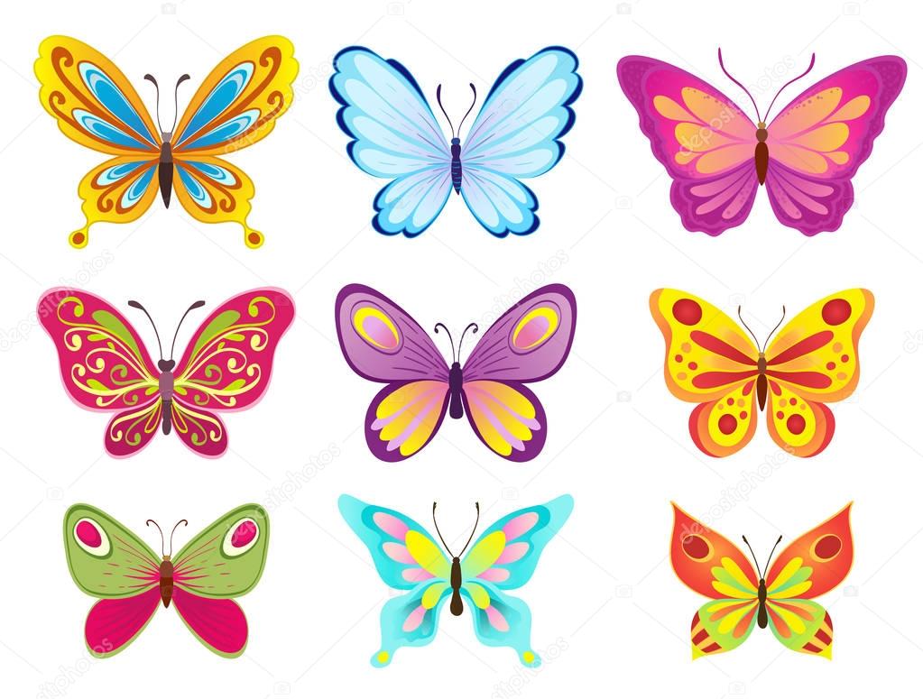 set of colorful cartoon butterflies on white. vector illustratio