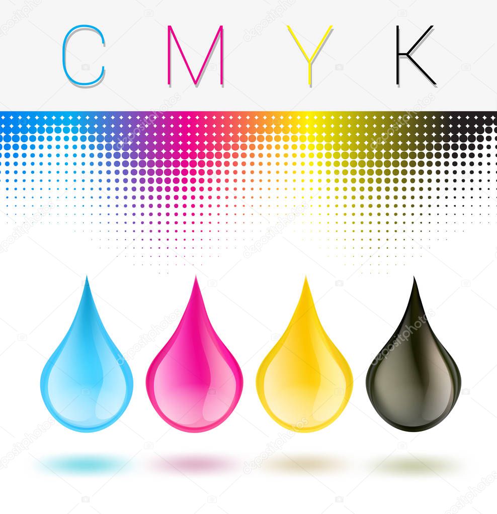 C M Y K inkjet printer drops on white with raster background. ve