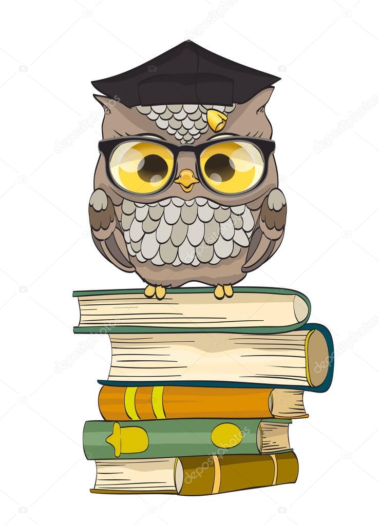 Cute owl sitting on books with graduation cap. vector illustrati