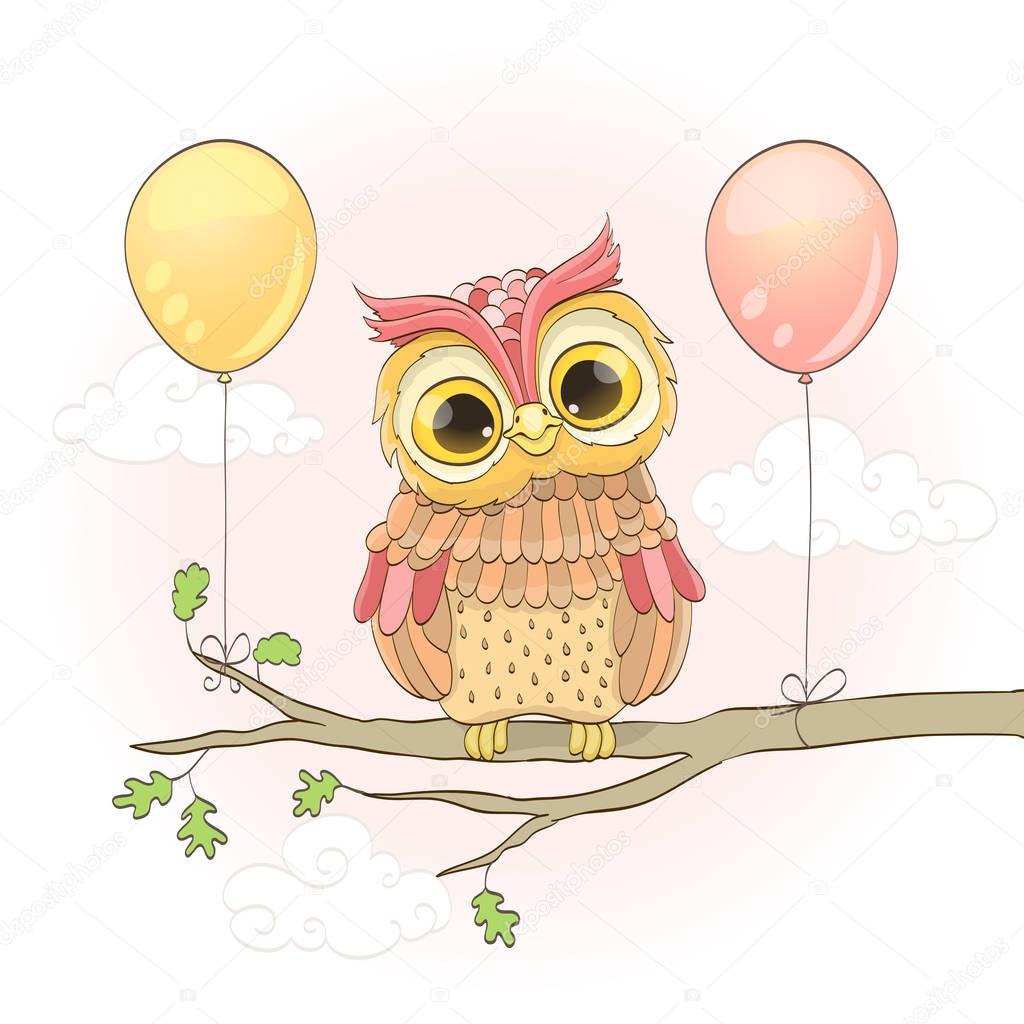 cute owl on a branch and balloons over pink sky with clouds. car