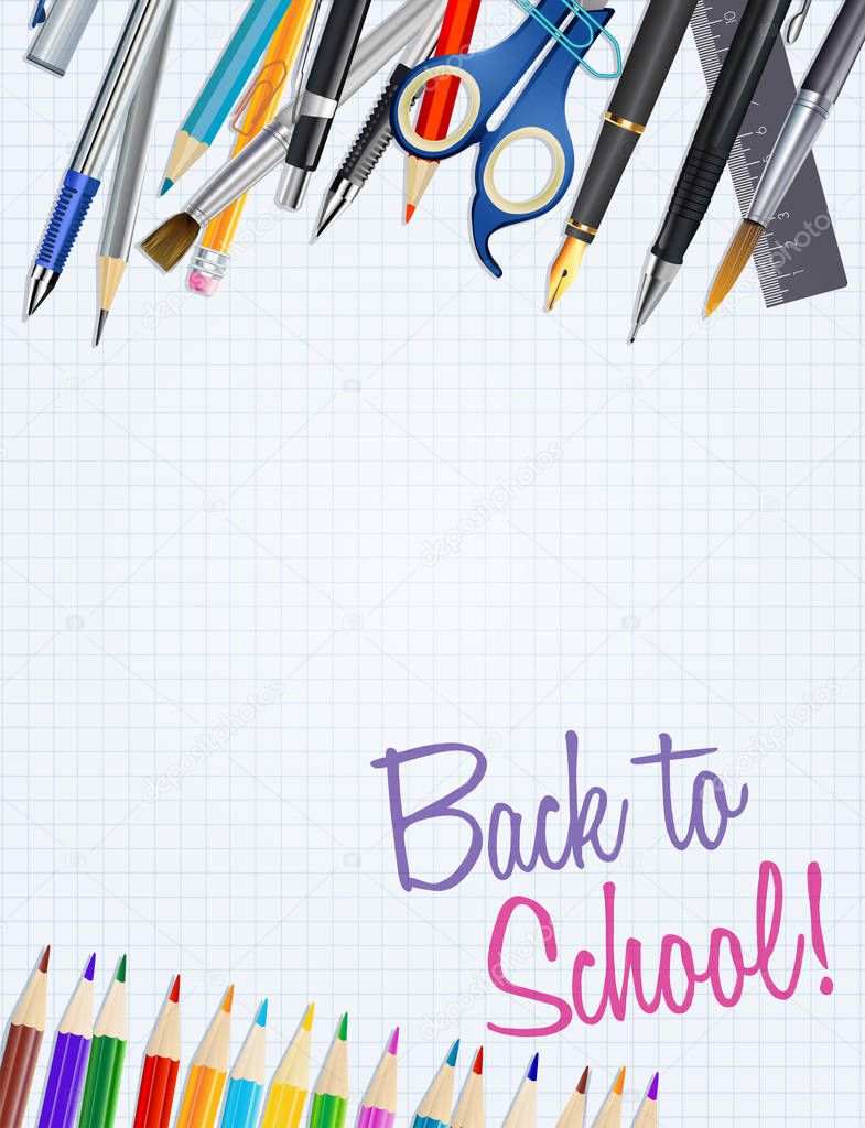 back to school notepad background with supplies. vector illustra