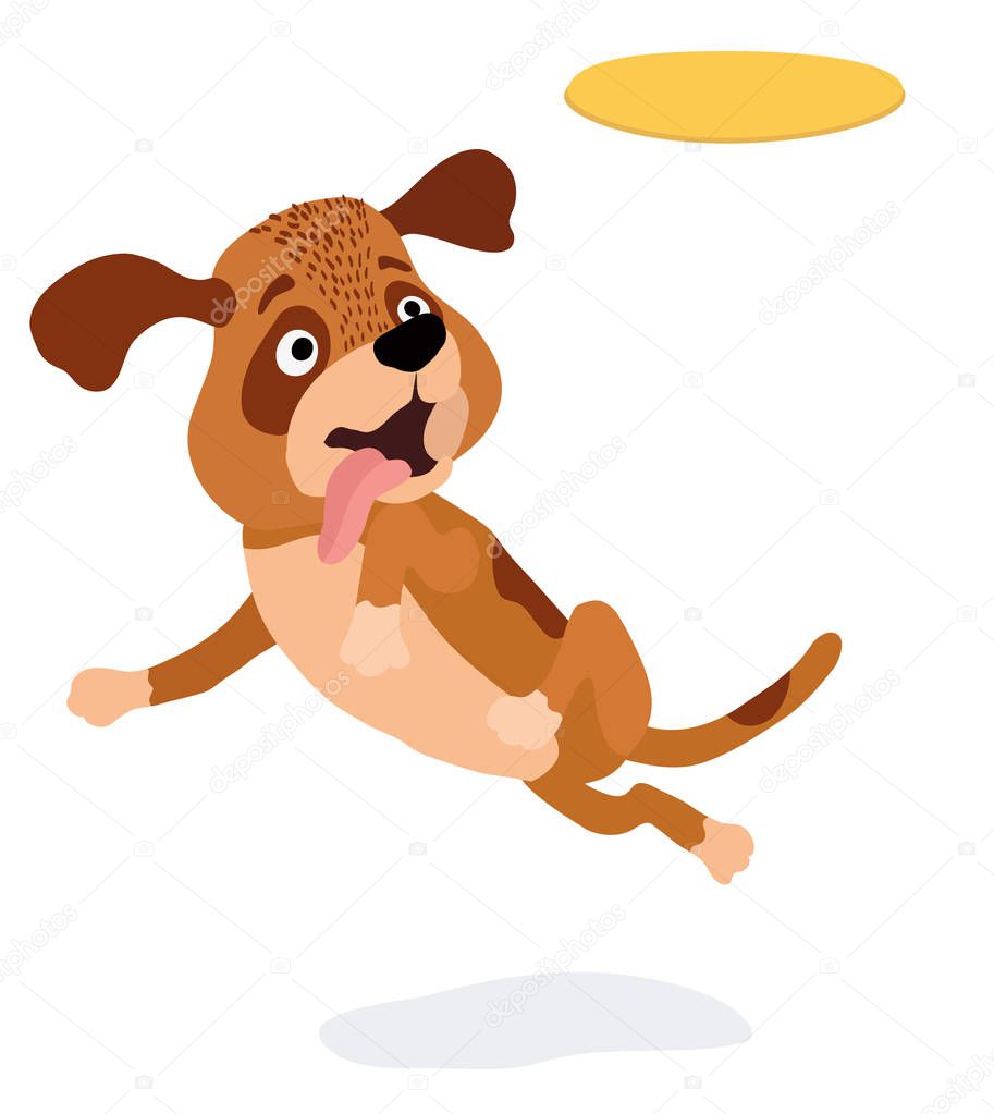 cartoon dog playing with yellow plastic disc. vector illustratio