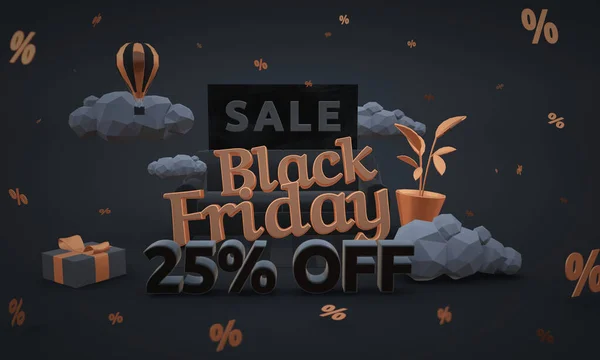 Twenty five percent off - black friday sale -3d render in cartoon style. Low poly 3d illustration in dark tones.