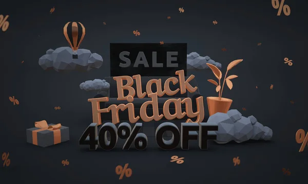 Сорок процентов скидка - черная пятница продажи -3d рендеринга в стиле мультфильма. Низкая трехмерная иллюстрация в темных тонах . — стоковое фото