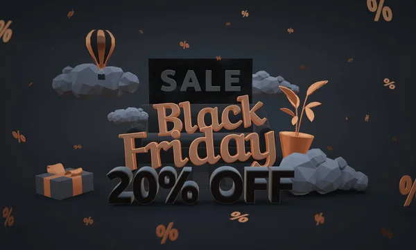 Vinte por cento fora - venda sexta-feira preta - renderização 3d em estilo cartoon. Baixo poli ilustração 3d em tons escuros . — Fotografia de Stock