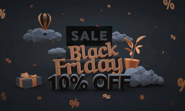 Zehn Prozent Rabatt - Black Friday Sale - 3D-Rendering im Cartoon-Stil. Low-Poly-3D-Darstellung in dunklen Tönen. — Stockfoto