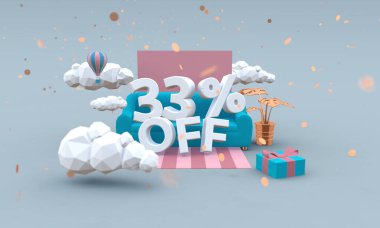 Çizgi film tarzında 3D resimde% 33 indirim. İndirim kavramı.