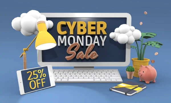 Huszonöt százalék kedvezmény - Cyber hétfő eladó 3D-s illusztráció rajzfilm stílusban. — Stock Fotó