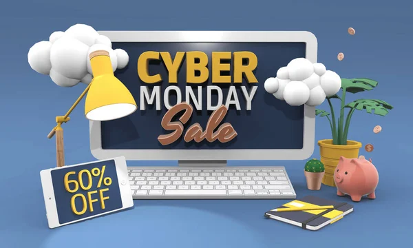 Скидка 60% - Cyber monday sale 3D illustration in cartoon style . — стоковое фото