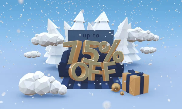 Seventy five percent off 3d illustration in cartoon style. Christmas clearance concept.