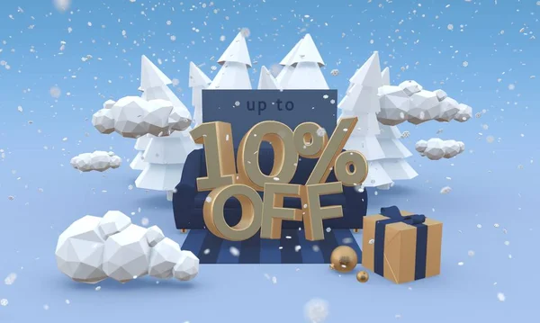 10 10 procent sleva 3d ilustrace v kresleném stylu. Vánoční sleva nebo zimní prodej koncept. — Stock fotografie