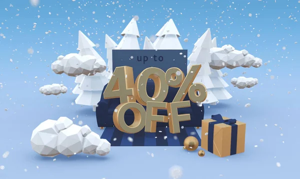 40 vierzig Prozent Rabatt auf 3D-Illustration im Cartoon-Stil. Weihnachtsrabatt oder Winterschlussverkauf. — Stockfoto