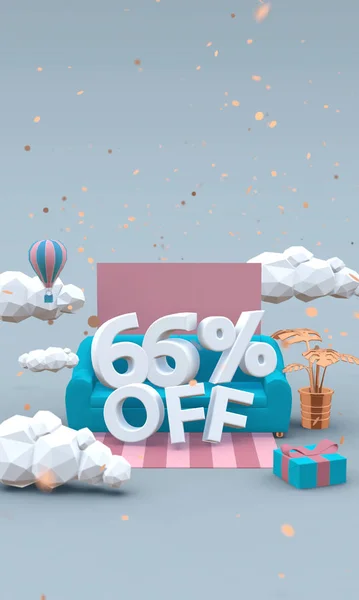 66 Sixty six percent off 3d illustration in cartoon style. Clearance concept. Vertical image with copy space. — Stockfoto