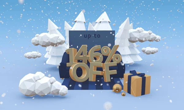 Weihnachtssuperverkauf oder verrücktes Winterräumkonzept. 146 Prozent Rabatt - 3D-Illustration im Cartoon-Stil. — Stockfoto