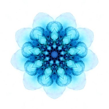 Beyaz arka planda izole edilmiş suluboya kar tanesi deseni. Kaleydoskop etkisi.