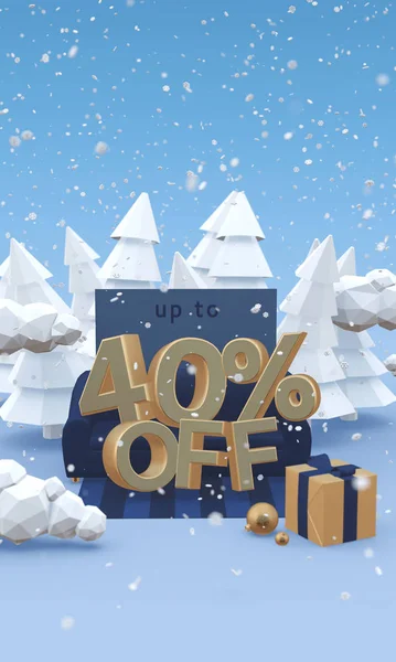 40 vierzig Prozent Rabatt - 3D-Illustration mit Kopierraum im Cartoon-Stil. Weihnachtsrabatt oder Winterschlussverkauf. — Stockfoto
