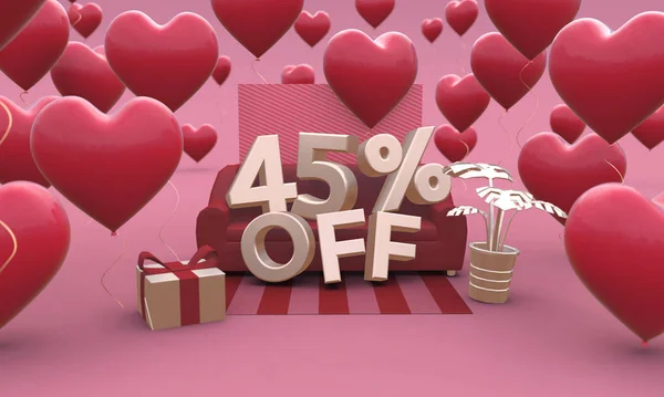 45 Forty five percent off - Valentines Day Sale 3D illustration. — 스톡 사진
