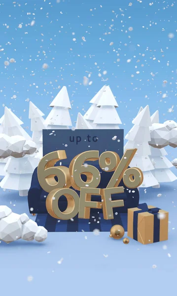 66 66 Prozent Rabatt - 3D-Illustration mit Kopierraum im Cartoon-Stil. Weihnachtsrabatt, Winterschlussverkauf. — Stockfoto