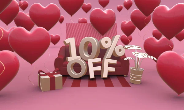 10 10 procent sleva - Valentines Day Sale 3D ilustrace. — Stock fotografie