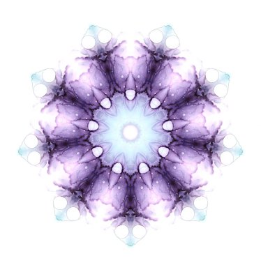 Beyaz arka planda izole edilmiş suluboya çiçek mandala deseni. Kaleydoskop etkisi.