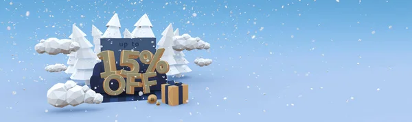 15 Fifteen percent off horizontal 3D-banner with copy space. Christmas clearance or winter sale concept. — 스톡 사진