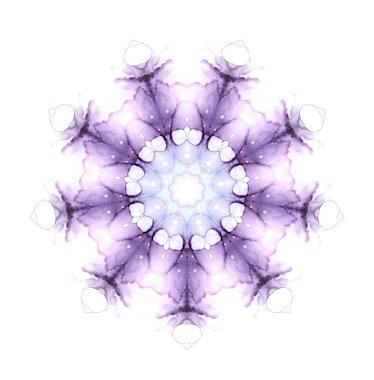 Mor suluboya kar tanesi mandala deseni beyaz arka planda izole edilmiş. Kaleydoskop etkisi.