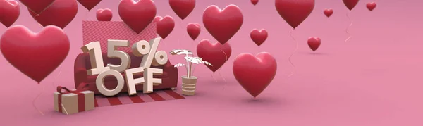 15 Fifteen percent off - Valentines Day Sale horizontal 3D-banner with copy space. — 스톡 사진