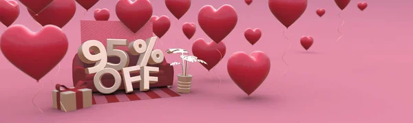 95 Ninety five percent off - Valentines Day Sale horizontal 3D-banner with copy space.