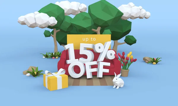 15 15 procent sleva - Velikonoční prodej 3D ilustrace. — Stock fotografie