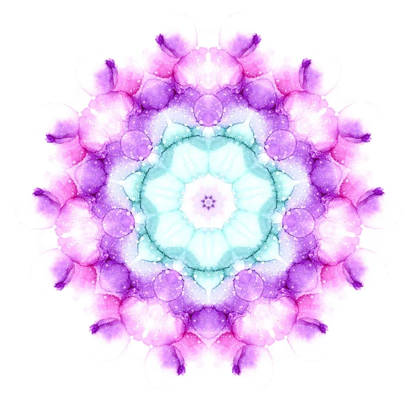 Delicado patrón de mandala de flores de acuarela en tonos rosa, violeta y turquesa aislados sobre fondo blanco . —  Fotos de Stock