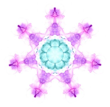 Beyaz zemin üzerinde pembe, mor ve turkuaz tonlarda suluboya kar taneleri mandala deseni var..