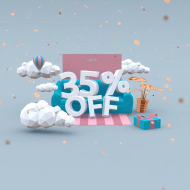 Çizgi film tarzında 335% indirimli 3D çizim. Satış konsepti.