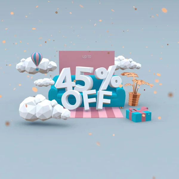 45 Forty five percent off 3d-illustration in cartoon style. Sale concept.