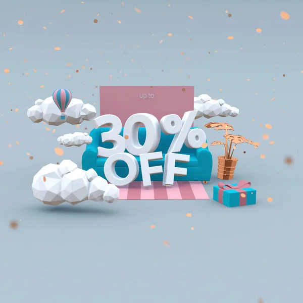 30% zniżki na ilustrację 3D w kreskówkowym stylu. Koncepcja sprzedaży. Zdjęcie Stockowe