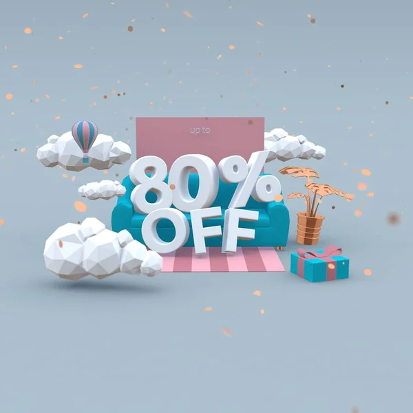 80% sleva 3d-ilustrace v kresleném stylu. Koncept prodeje. — Stock fotografie