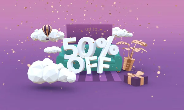 50 50% off 3d-ilustración en estilo de dibujos animados. Liquidación, venta, concepto de descuento . — Foto de Stock